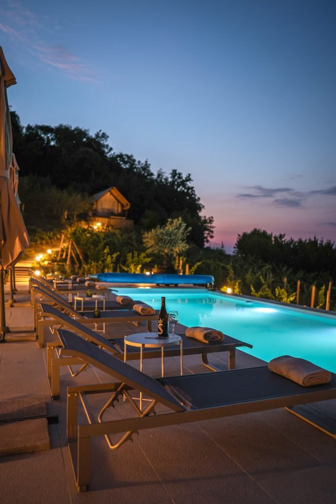 Luna Vineyard Glamping pool at night